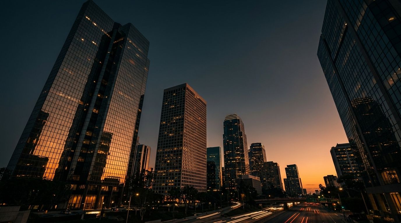 The Century City skyline at dusk, seen from street level